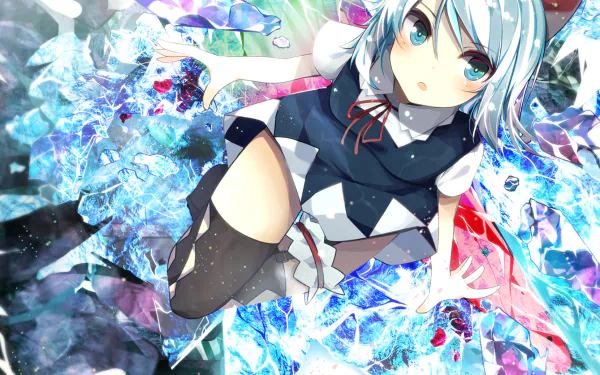 HD PC desktop wallpaper featuring Cirno from Touhou with icy blue tones and anime-style art.