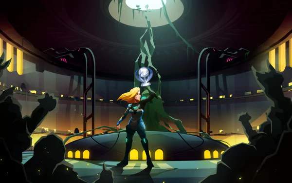 HD PC desktop wallpaper featuring a dynamic scene from the video game Velocity 2X, showcasing the protagonist in a futuristic arena with vibrant lighting and action elements.