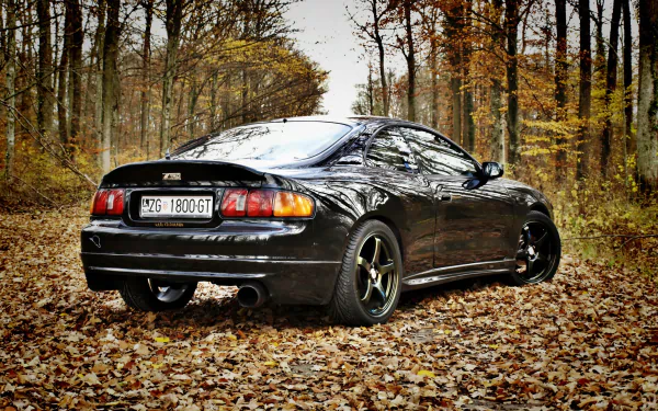 Black Toyota Celica parked on leaf-covered forest floor in fall, framed by tall trees — 2K Quad HD PC desktop wallpaper and background.