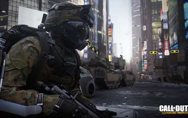 HD desktop wallpaper featuring a soldier in battle gear from the game Call of Duty: Advanced Warfare, set against an urban backdrop with military vehicles.