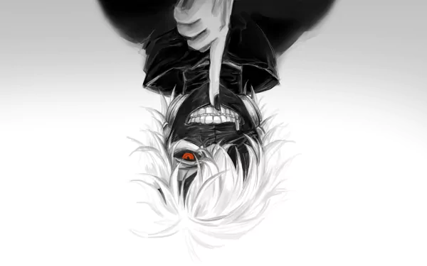 HD desktop wallpaper featuring an upside-down Ken Kaneki from Tokyo Ghoul, with a mask and white hair, set against a minimalist background.