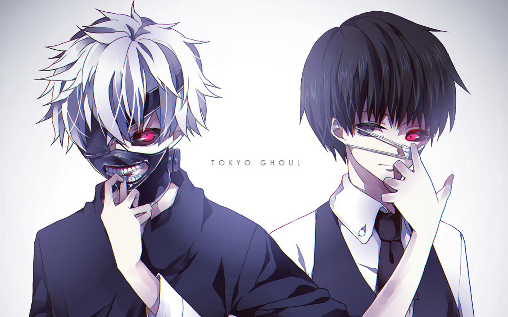 HD wallpaper of Ken Kaneki from Tokyo Ghoul, featuring dual portrayals with heterochromia—one with a white hair and eye mask, and the other with black hair.