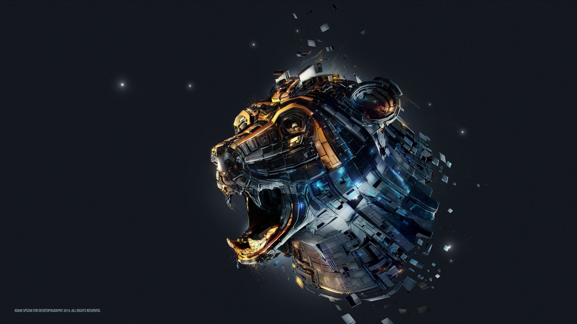 A stunning HD desktop wallpaper featuring a fantasy-themed, artistic representation of a lion's head, intricately designed with metallic textures and vibrant colors against a dark background.