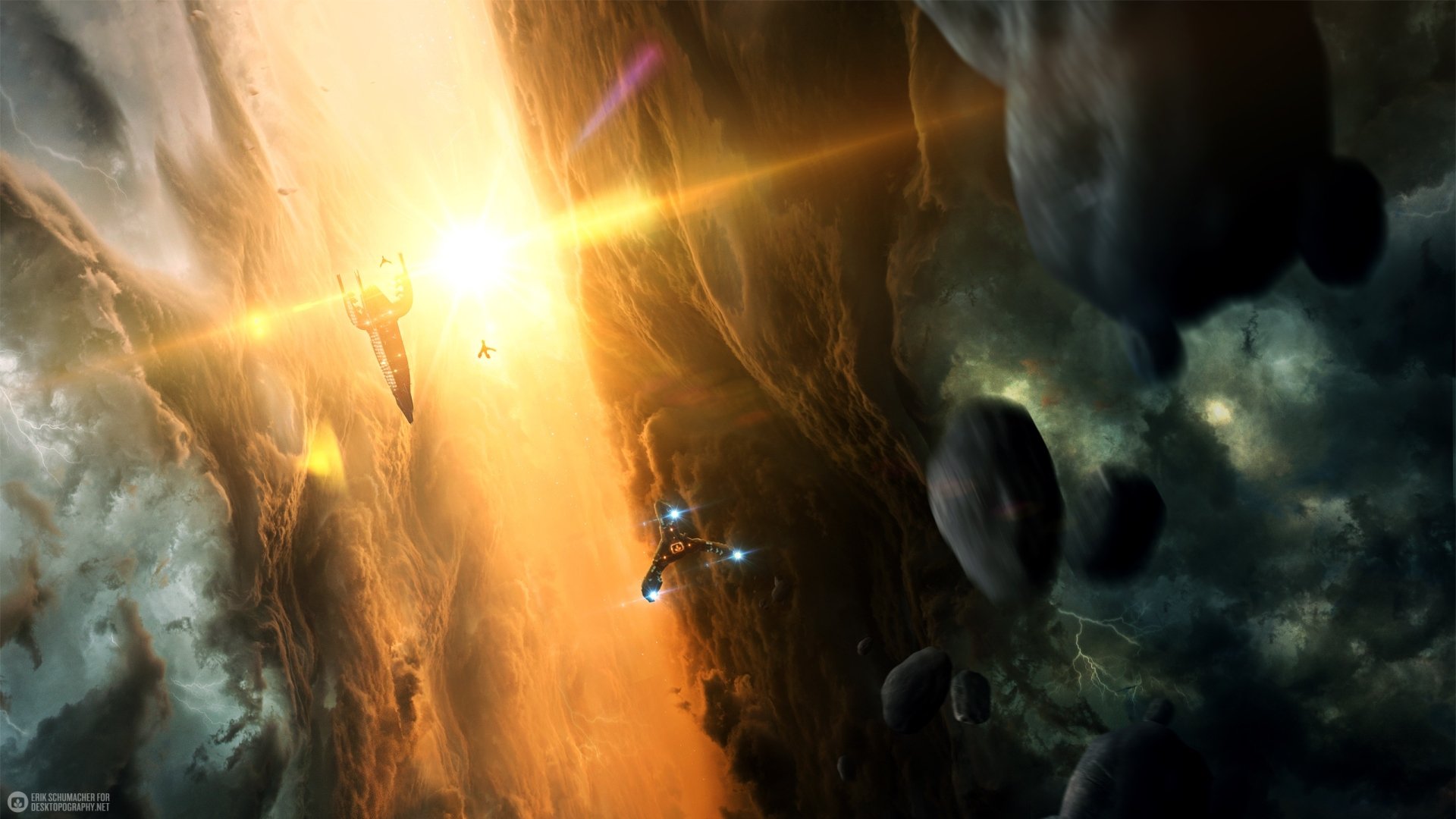 HD sci-fi desktop wallpaper featuring a spaceship navigating through an asteroid field toward a bright, glowing cosmic light.