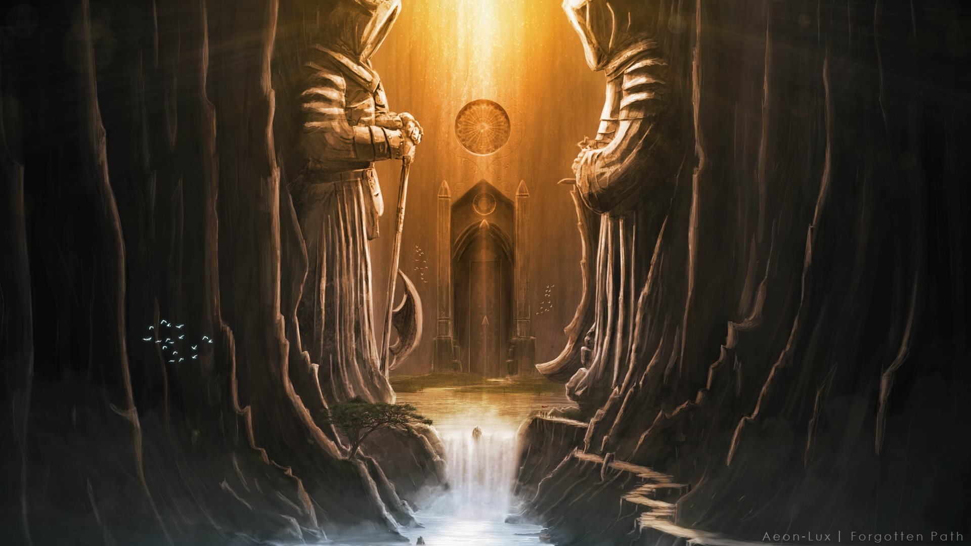 HD fantasy landscape wallpaper depicting a mystical cavern with towering robed statues, glowing light beams, and a cascading waterfall leading to an ancient doorway.