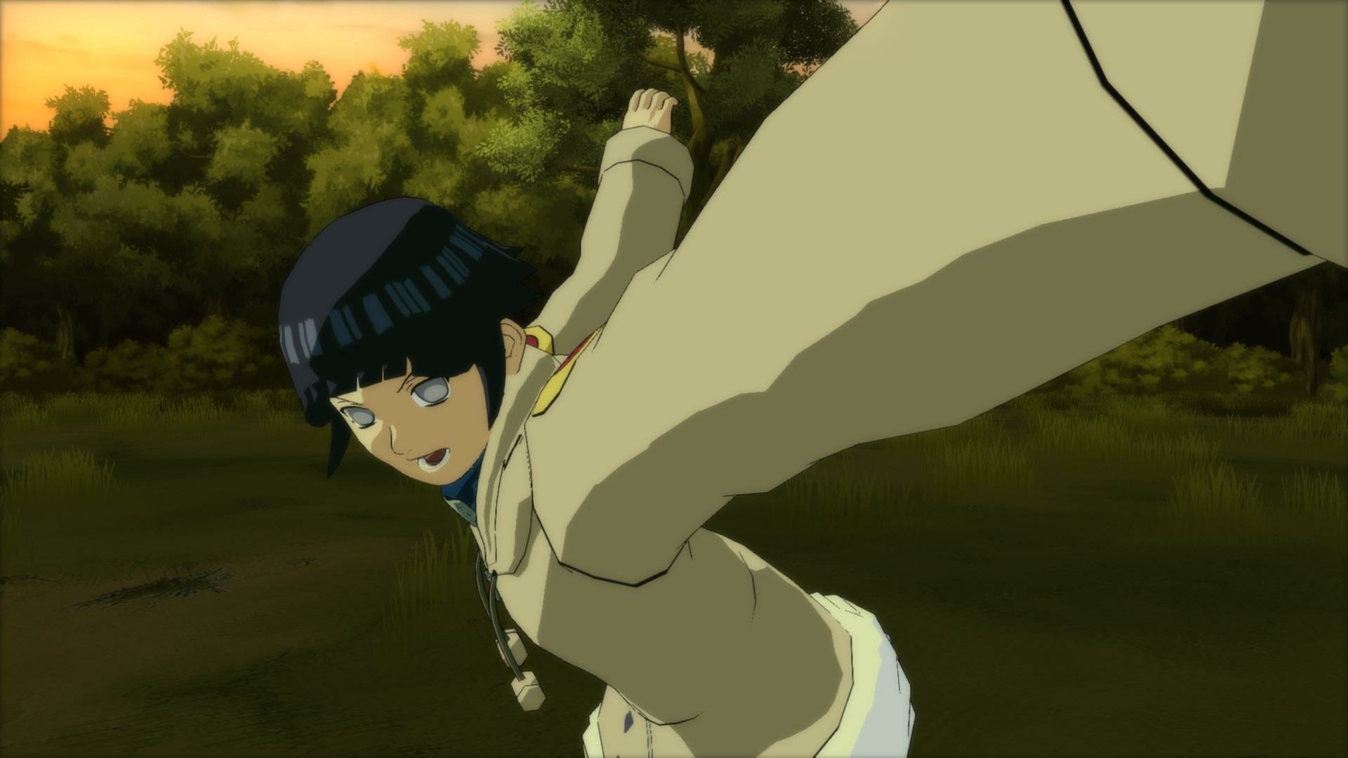 Hinata Hyuga from Naruto Shippuden strikes a dynamic pose in this HD wallpaper for the video game Naruto Shippuden: Ultimate Ninja Storm Revolution, set against a natural backdrop.