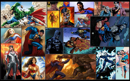 A vibrant HD collage featuring iconic DC Comics characters like Batman, Superman, Supergirl, Wonder Woman, and the Hulk, showcasing epic moments and dynamic action scenes.