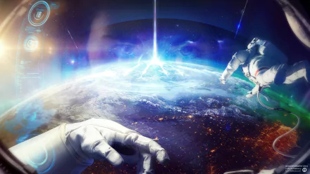 A stunning HD sci-fi wallpaper featuring astronauts reaching out towards Earth, illuminated by a brilliant beam of light, capturing the vastness of space.
