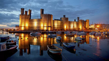 Caernarfon Castle illuminated at night, reflected in calm waters with boats docked nearby, captured in 4K Ultra HD for a striking PC desktop wallpaper.