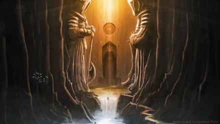 HD fantasy landscape wallpaper depicting a mystical cavern with towering robed statues, glowing light beams, and a cascading waterfall leading to an ancient doorway.