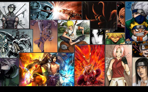HD desktop wallpaper featuring various characters from Naruto, including Neji Hyūga, Kurama, Obito Uchiha, Sakura Haruno, Kakashi Hatake, Sasuke Uchiha, and Naruto Uzumaki, with vibrant and dynamic visuals.