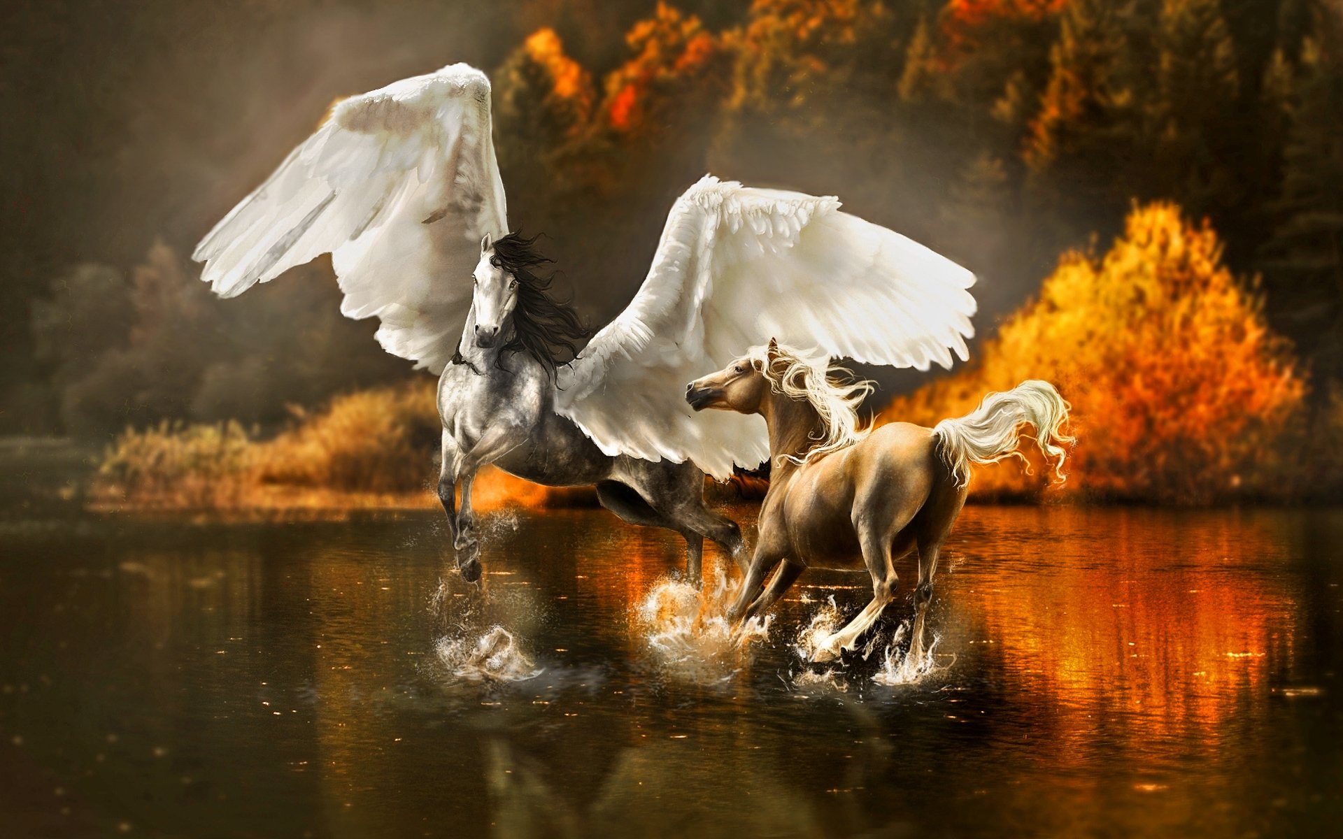 A majestic pegasus and a horse splash through a tranquil lake, surrounded by vibrant autumn foliage, creating a captivating fantasy scene in this HD desktop wallpaper.