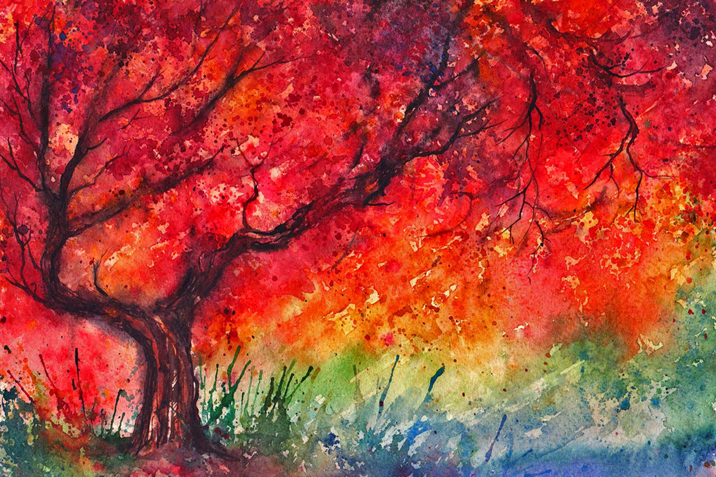 A vibrant, artistic painting featuring a tree against a colorful background of reds and greens, creating a striking HD PC desktop wallpaper and background.