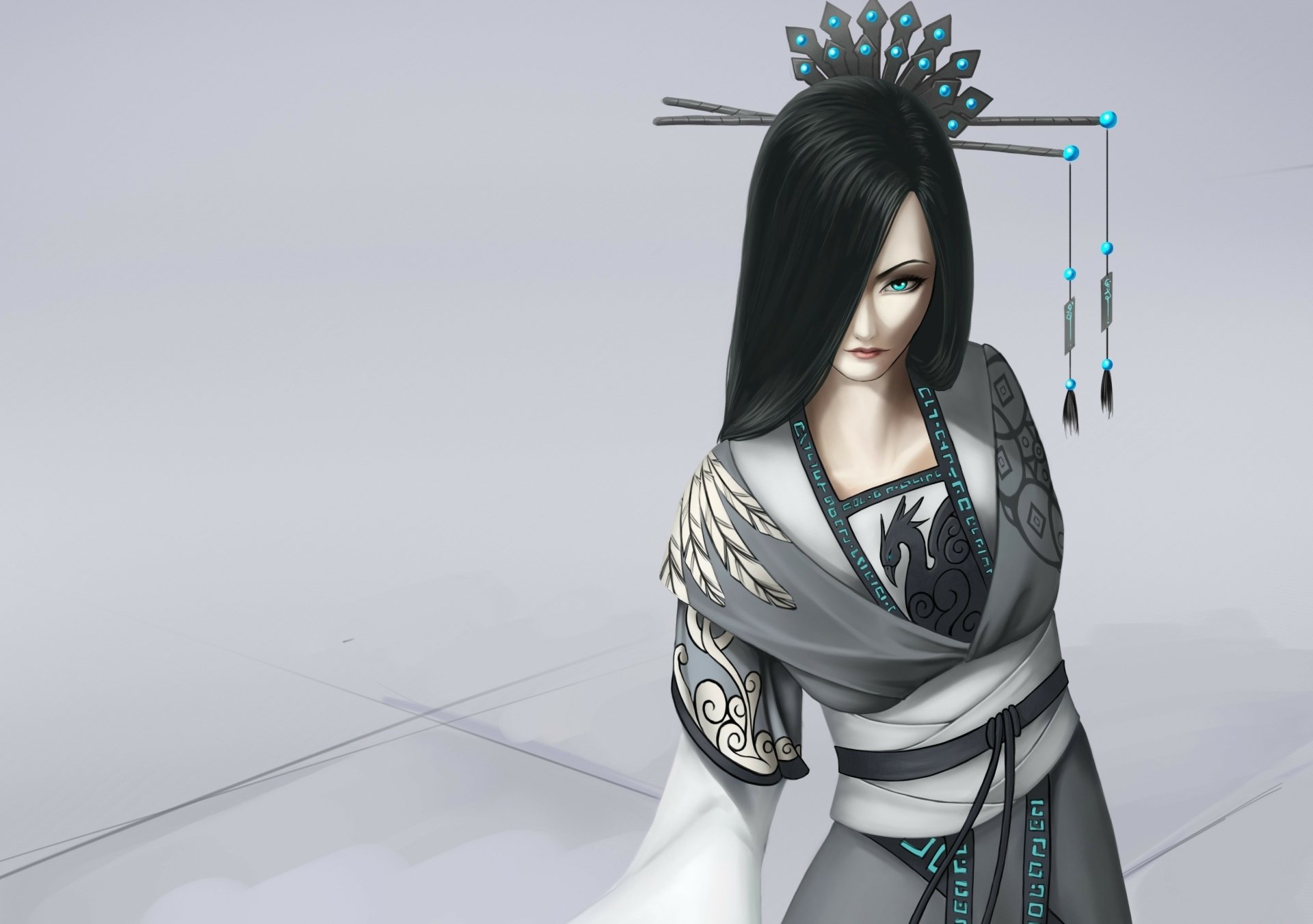 Fantasy Asian woman in an elegant gown with intricate designs, styled hair, and ornamental hairpieces, depicted in a detailed HD PC desktop wallpaper background.