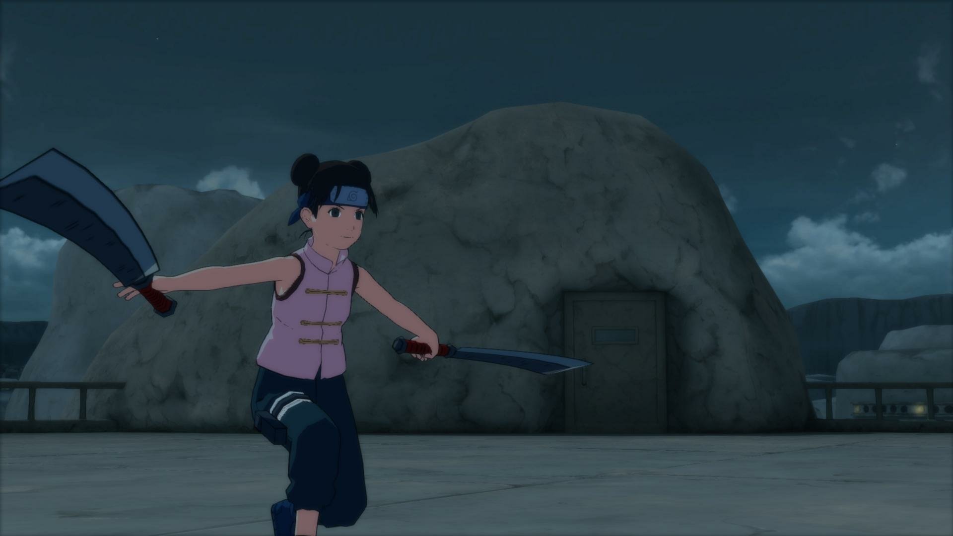 HD desktop wallpaper of Tenten from Naruto Shippuden: Ultimate Ninja Storm Revolution, featuring her in an action pose with knives, set against a rocky and cloudy background.