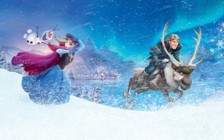 HD wallpaper of Frozen featuring Kristoff riding Sven alongside Anna and Olaf, set against a snowy, mystical backdrop.