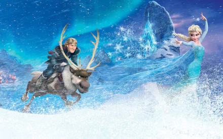 A vibrant HD wallpaper featuring Kristoff riding Sven with Elsa gracefully controlling ice and snow, set against a mystical winter landscape from the movie Frozen.