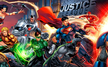 A vibrant HD wallpaper featuring DC Comics heroes: Wonder Woman, Batman, Superman, Aquaman, Flash, Green Lantern, Cyborg, and Hal Jordan, with Justice League prominently displayed.
