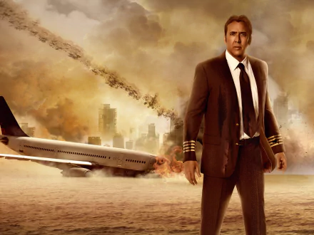 Nicolas Cage stands in a dramatic scene from the movie Left Behind, featuring an aircraft in the background amidst a chaotic, smoky landscape. HD desktop wallpaper and background.