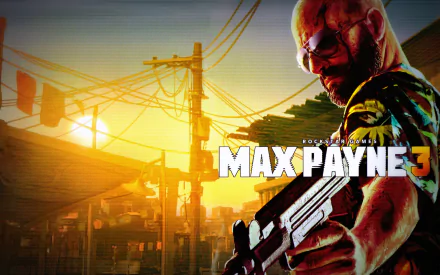 Max Payne 3 HD desktop wallpaper featuring Max Payne, holding a gun against a vibrant sunset backdrop, with urban elements and striking colors.