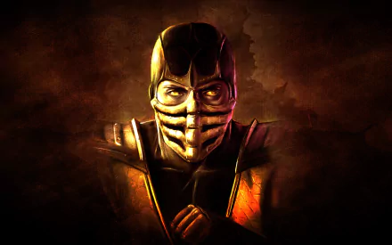 HD desktop wallpaper featuring Scorpion, a fierce ninja from the Mortal Kombat video game series, specifically Mortal Kombat X. The dark, smoky background enhances Scorpion's intense and menacing presence.