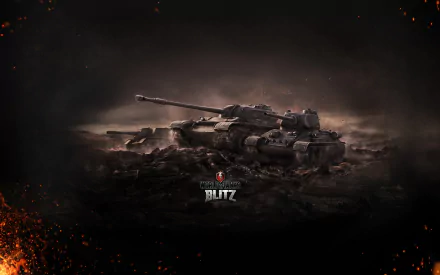 HD desktop wallpaper featuring a military tank from the video game World of Tanks Blitz, set against a dark, smoky battlefield background.