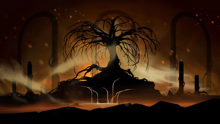 HD PC desktop wallpaper featuring a dark, eerie tree silhouette against a fiery background from the video game Styx: Master of Shadows.