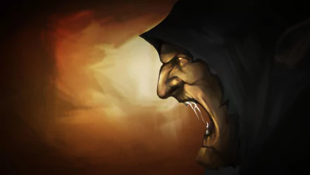 HD desktop wallpaper featuring a character from the video game Styx: Master of Shadows, with a dramatic close-up of a hooded figure shouting against a warm background.