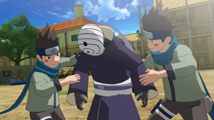HD PC desktop wallpaper featuring Obito Uchiha and Konohamaru Sarutobi from Naruto Shippuden: Ultimate Ninja Storm Revolution in a vibrant village setting.