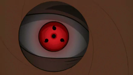 HD desktop wallpaper featuring Obito Uchiha's Sharingan from Naruto Shippuden: Ultimate Ninja Storm Revolution video game. The eye is shown in striking detail with its distinctive red and black pattern.