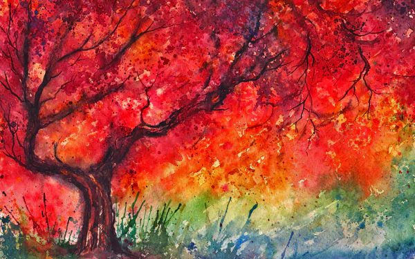 A vibrant, artistic painting featuring a tree against a colorful background of reds and greens, creating a striking HD PC desktop wallpaper and background.
