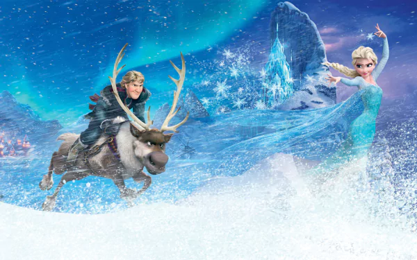 A vibrant HD wallpaper featuring Kristoff riding Sven with Elsa gracefully controlling ice and snow, set against a mystical winter landscape from the movie Frozen.