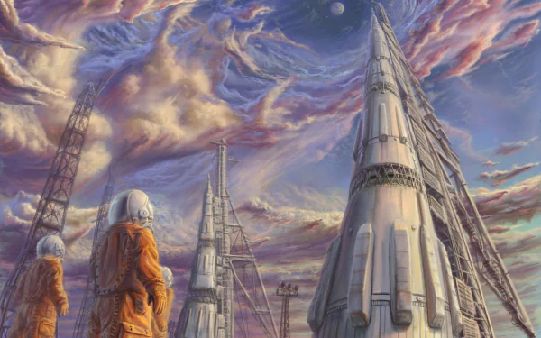 HD Sci-Fi desktop wallpaper of astronauts gazing at towering rockets against a dramatic, colorful sky.