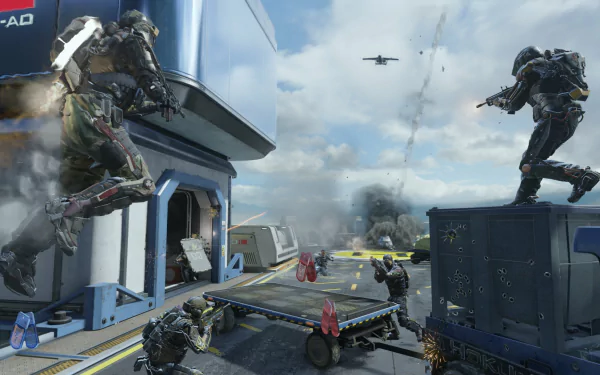 HD PC desktop wallpaper featuring intense combat action from the video game Call of Duty: Advanced Warfare, with soldiers in futuristic armor and aerial drones overhead.