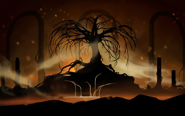 HD PC desktop wallpaper featuring a dark, eerie tree silhouette against a fiery background from the video game Styx: Master of Shadows.