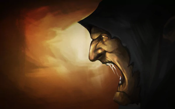 HD desktop wallpaper featuring a character from the video game Styx: Master of Shadows, with a dramatic close-up of a hooded figure shouting against a warm background.