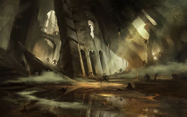 HD PC desktop wallpaper for the video game Styx: Master of Shadows — a lone goblin-like thief skulks across a wet, misty ruined cathedral cavern lit by shafts of light.
