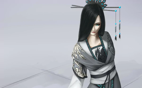 Fantasy Asian woman in an elegant gown with intricate designs, styled hair, and ornamental hairpieces, depicted in a detailed HD PC desktop wallpaper background.