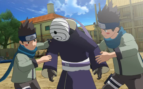 HD PC desktop wallpaper featuring Obito Uchiha and Konohamaru Sarutobi from Naruto Shippuden: Ultimate Ninja Storm Revolution in a vibrant village setting.