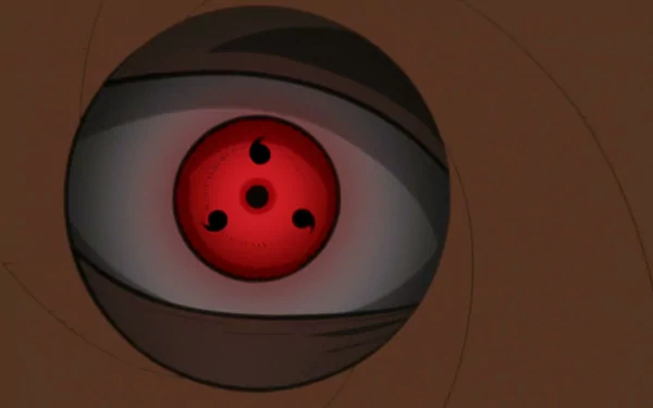HD desktop wallpaper featuring Obito Uchiha's Sharingan from Naruto Shippuden: Ultimate Ninja Storm Revolution video game. The eye is shown in striking detail with its distinctive red and black pattern.