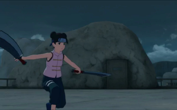 HD desktop wallpaper of Tenten from Naruto Shippuden: Ultimate Ninja Storm Revolution, featuring her in an action pose with knives, set against a rocky and cloudy background.