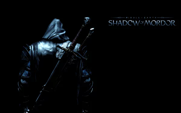 HD desktop wallpaper featuring a hooded character with two swords on their back, promoting the video game Middle-earth: Shadow of Mordor. Text of the game's title appears in the upper right.