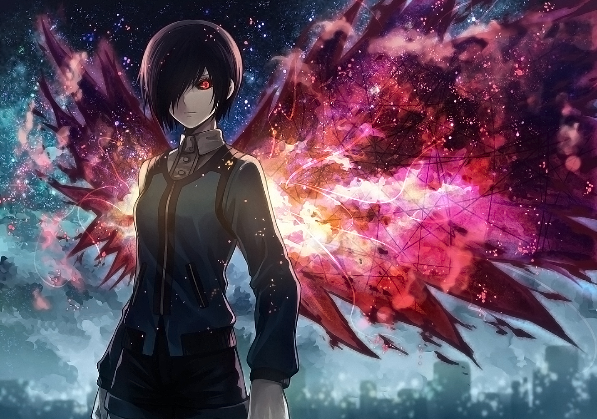 HD wallpaper of Touka Kirishima from Tokyo Ghoul, featuring her with purple hair, red eyes, and vibrant kagune wings against a cosmic backdrop.