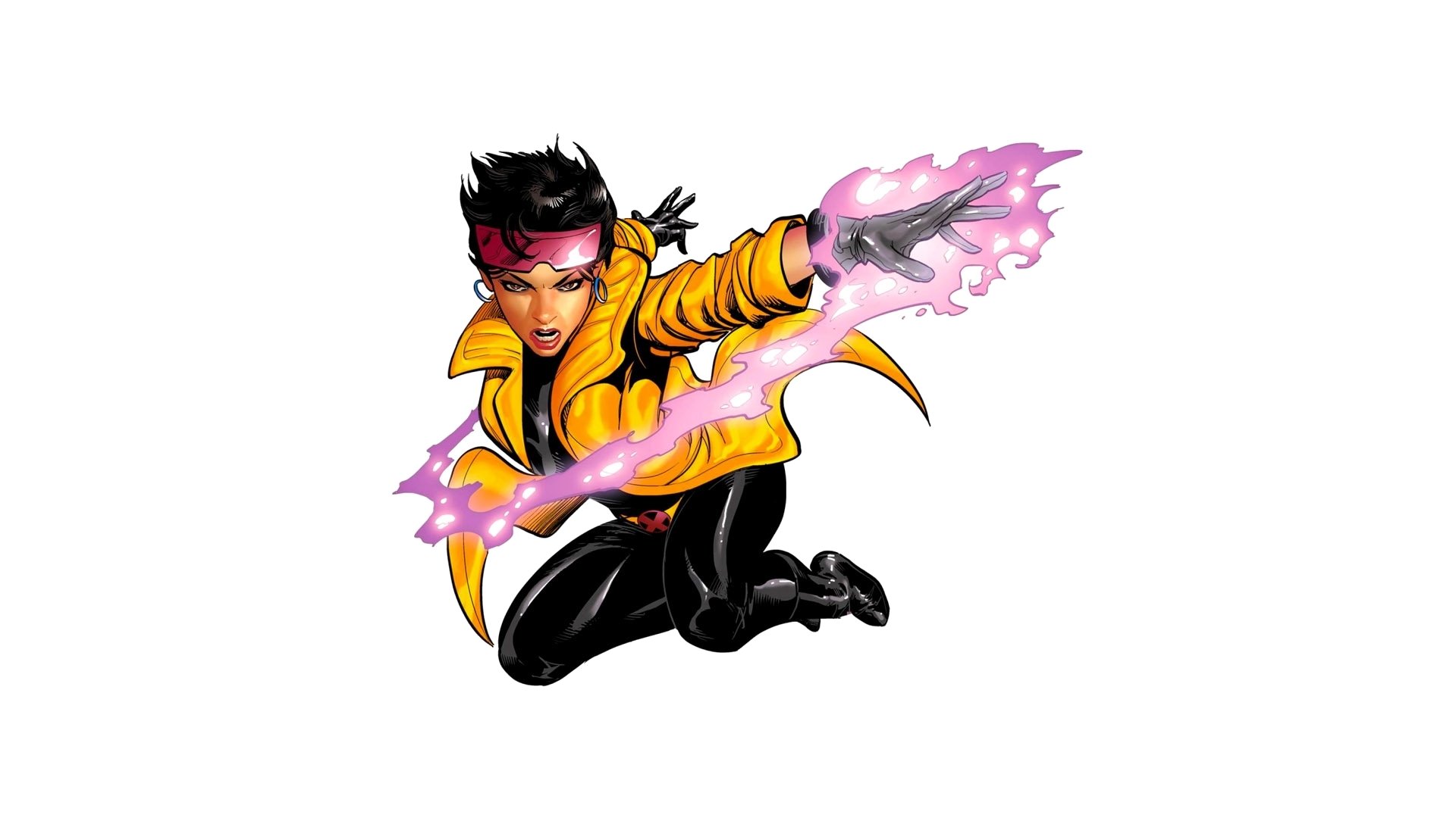 Comic-style HD PC desktop wallpaper of Jubilee (Marvel Comics) leaping forward in a yellow jacket, projecting bright pink explosive energy.