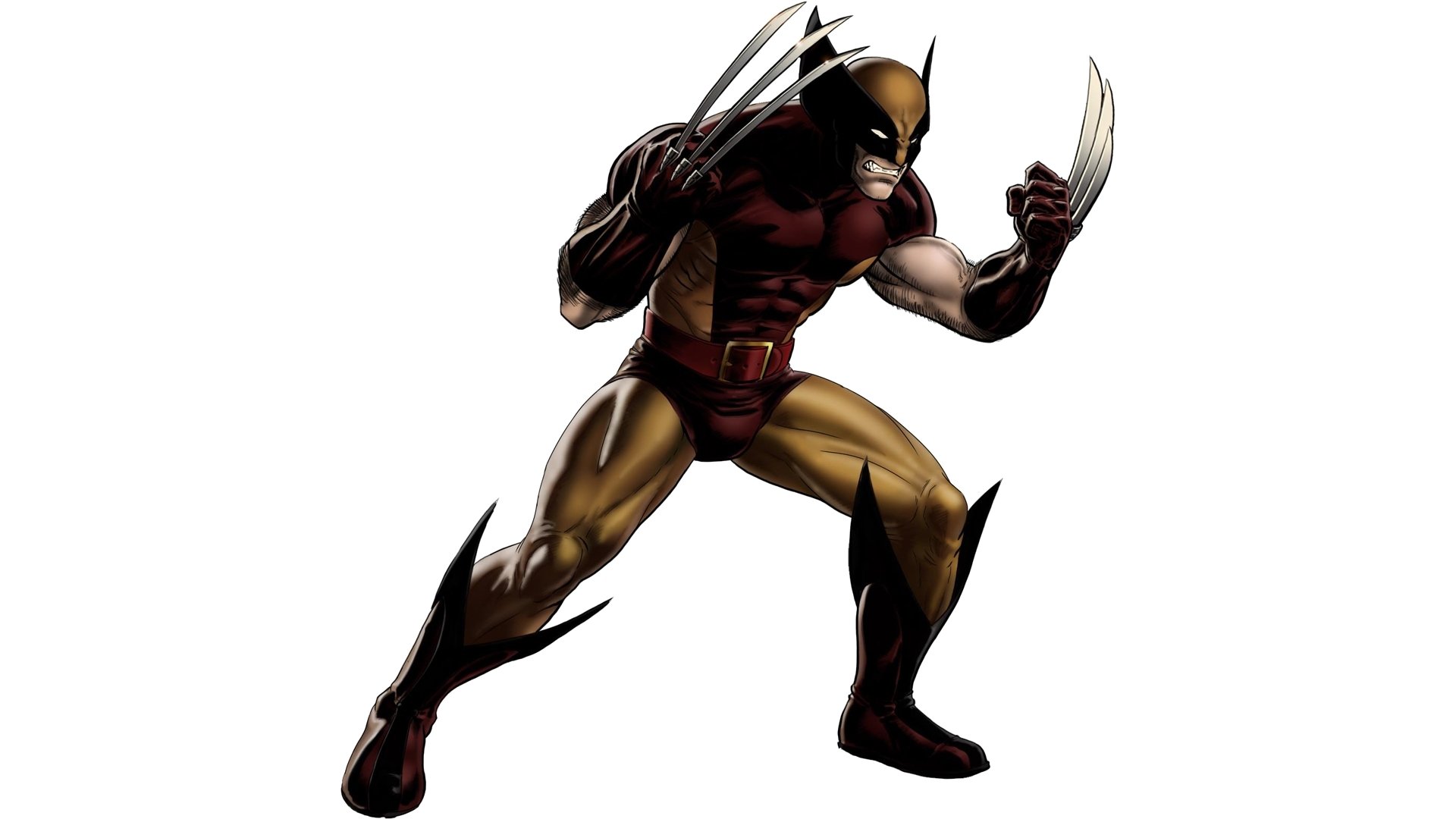 A dynamic representation of Wolverine from the comic universe, showcasing his iconic claws and muscular stance, designed as a high-definition desktop wallpaper.