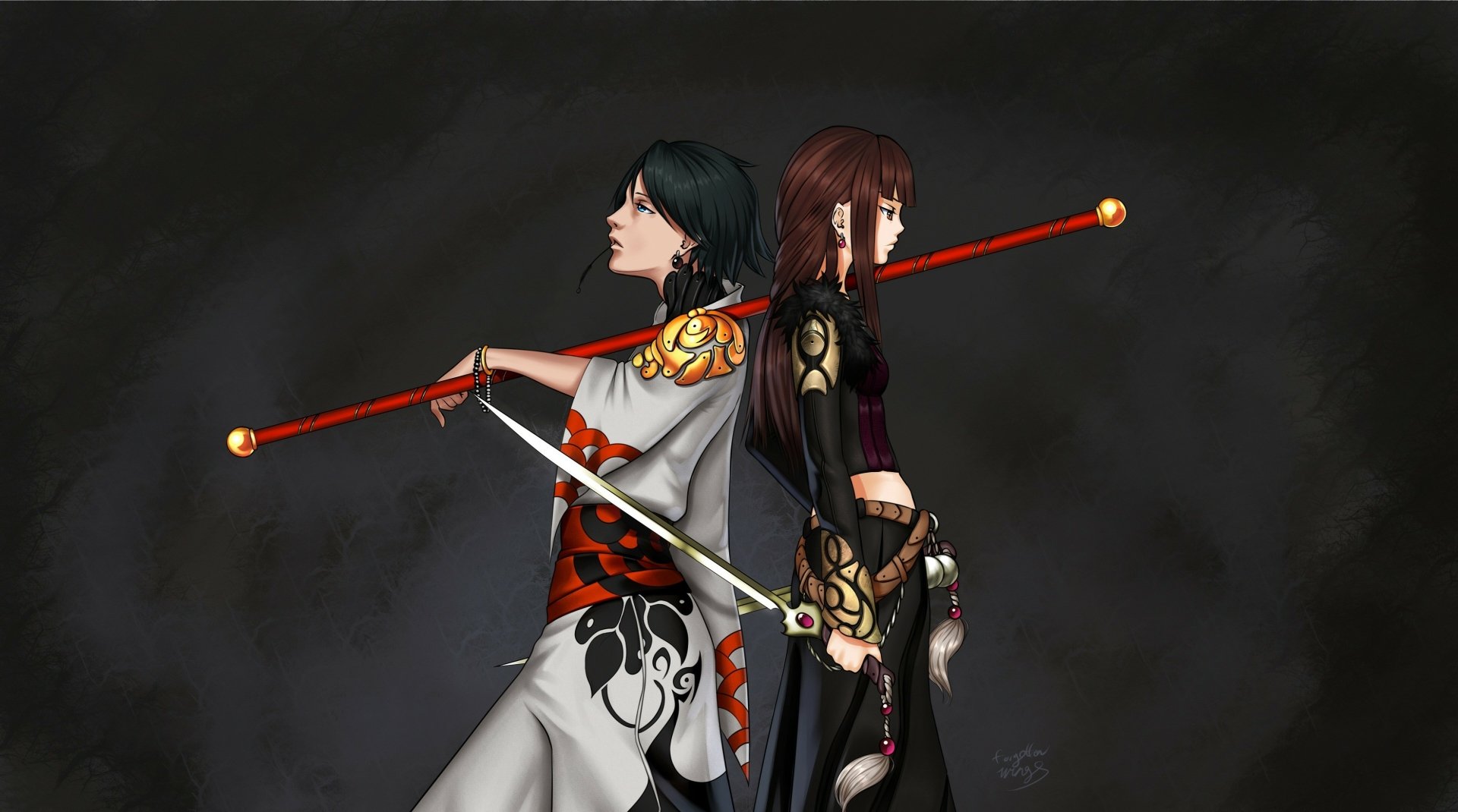 Anime original 2K Quad HD PC desktop wallpaper: two back-to-back characters wielding ornate red polearms, one in a white kimono with floral accents, the other in dark armor against a smoky backdrop.