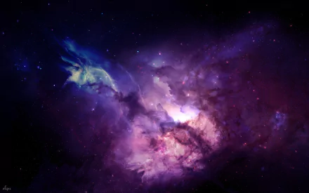 HD PC desktop wallpaper featuring a vibrant sci-fi nebula with swirling purple and blue cosmic clouds against a dark space background.