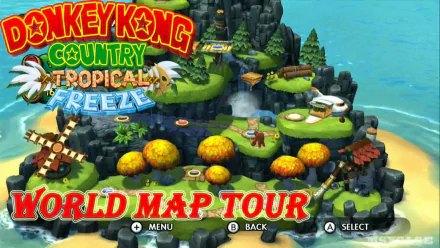 HD desktop wallpaper of Donkey Kong Country: Tropical Freeze featuring the vibrant in-game world map tour screen.