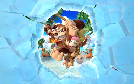 HD wallpaper of Donkey Kong and characters breaking through ice from Donkey Kong Country: Tropical Freeze.