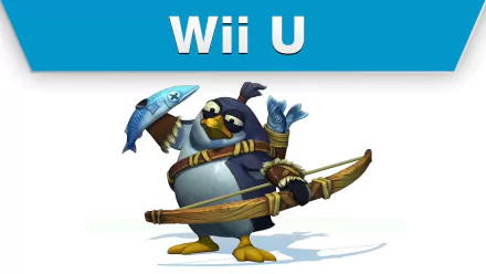 HD wallpaper of a penguin character from Donkey Kong Country: Tropical Freeze, holding a fish and a boomerang, with a Wii U logo above.